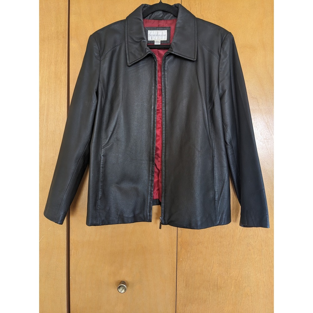 Worthington Black Genuine Leather Jacket PXL Petite XL Red Lining‎ Full Zip